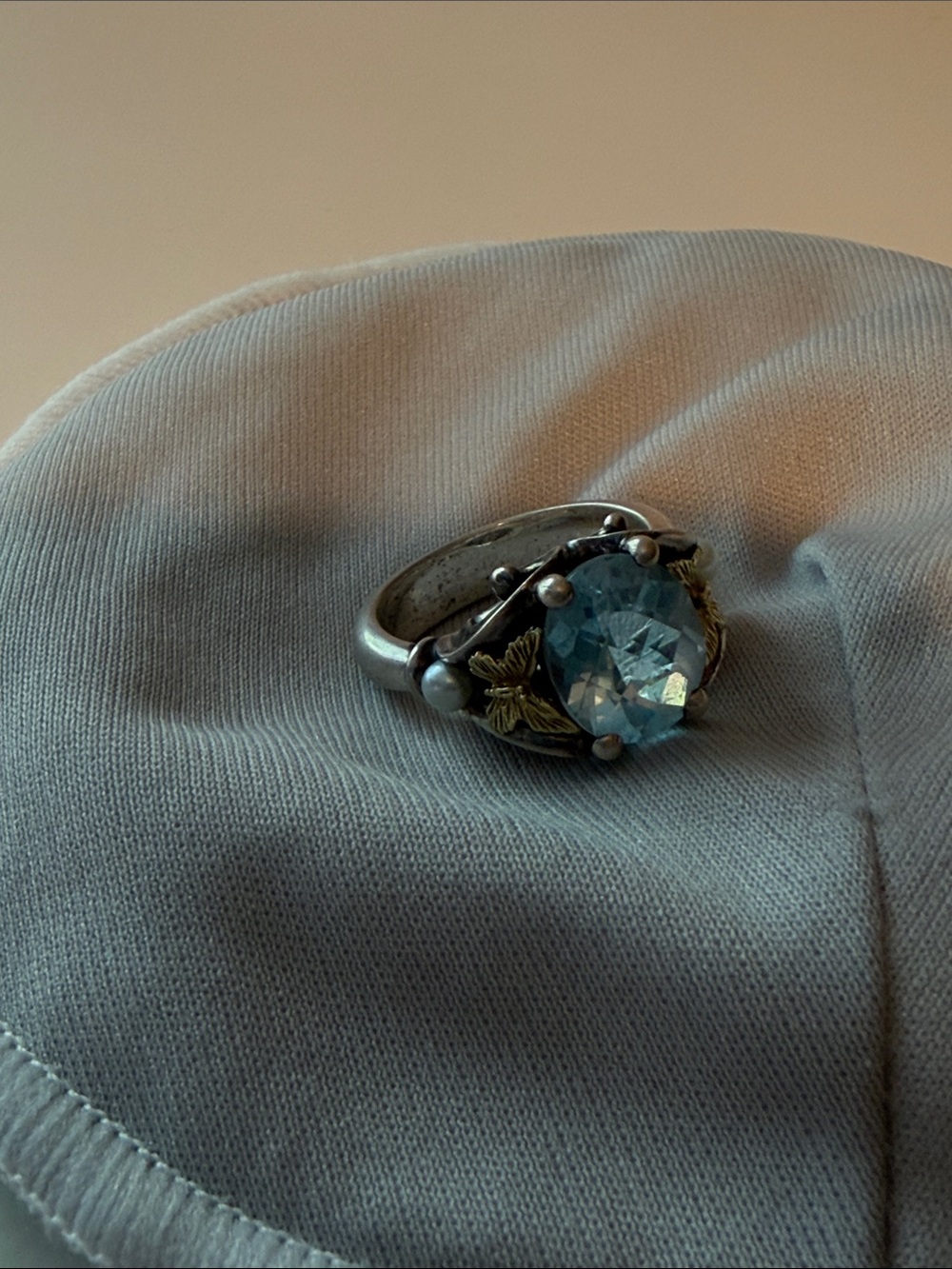 Blue Topaz-Style Silver Ring with Gold Leaf Accents - Picture 2 of 4